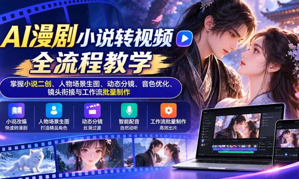 （20880期）AI漫剧小说转视频全流程教学：掌握小说二创、人物场景生图、动态分镜、音色优化、镜头衔接与工作流批量制作