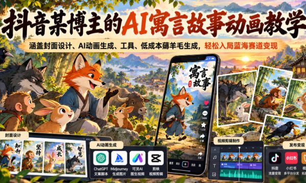 抖音某博主的AI寓言故事动画教学，涵盖封面设计、AI动画生成、工具、低成本薅羊毛生成，轻松入局蓝海赛道变现