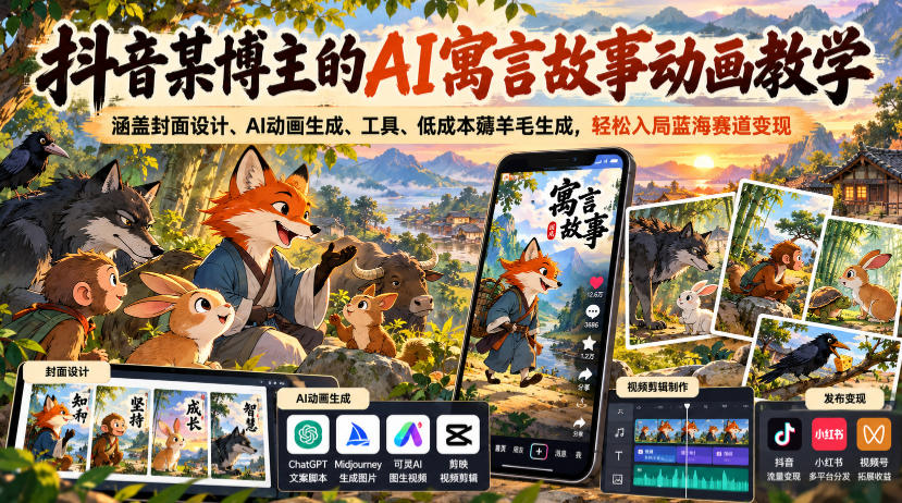 抖音某博主的AI寓言故事动画教学，涵盖封面设计、AI动画生成、工具、低成本薅羊毛生成，轻松入局蓝海赛道变现插图