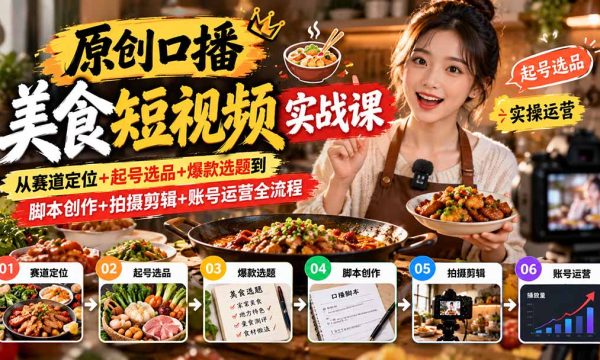 （20786期）原创口播美食短视频实战课：从赛道定位+起号选品+爆款选题到脚本创作+拍摄剪辑+账号运营全流程