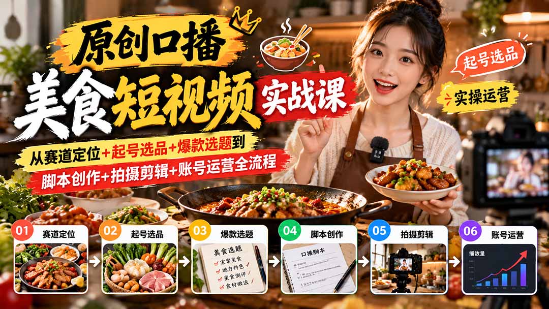 （20786期）原创口播美食短视频实战课：从赛道定位+起号选品+爆款选题到脚本创作+拍摄剪辑+账号运营全流程插图
