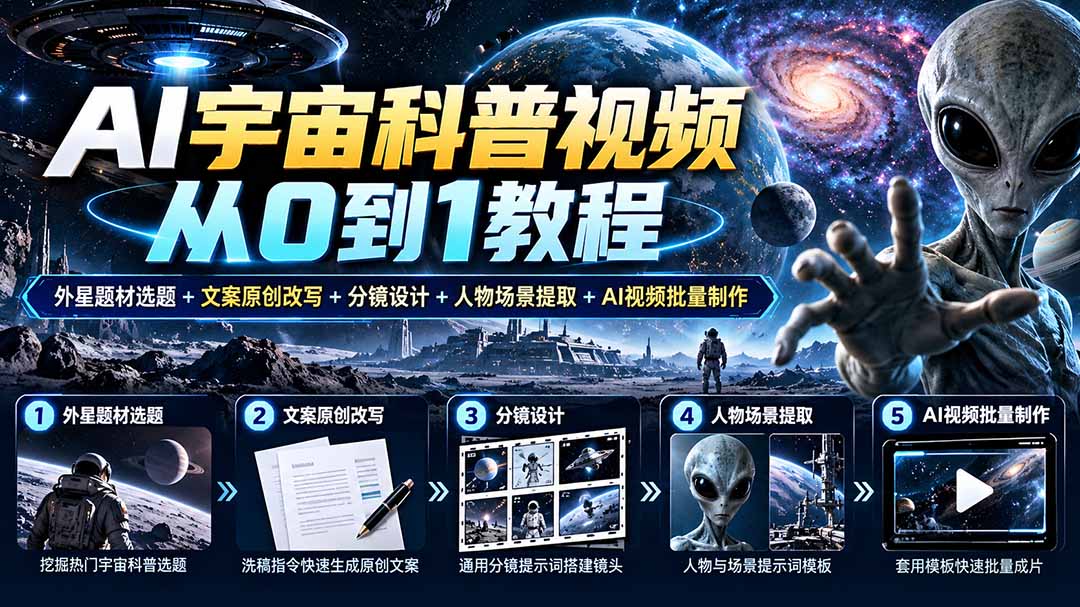 （20774期）AI宇宙科普视频从0到1教程｜外星题材选题+文案原创改写+分镜设计+人物场景提取+AI视频批量制作插图1