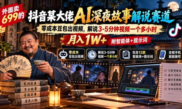 （20853期）外面卖699抖音某大佬AI深夜故事解说赛道-更新：0成本豆包出视频+解说3-5分钟视频一个多小时，月入1W+附智能体+提示词
