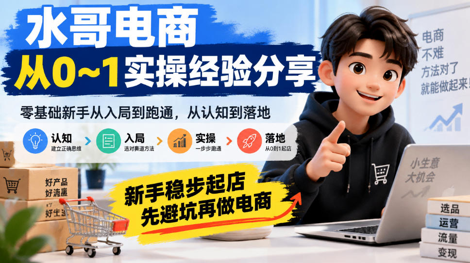 水哥电商从0~1实操经验分享，​零基础新手从入局到跑通，从认知到落地，新手稳步起店，先避坑再做电商-副业部