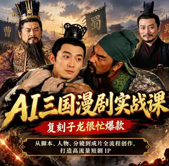 抖音14W粉博主同款AI三国漫剧实战课，复刻子龙很忙爆款，从脚本、人物、分镜到成片全流程创作，打造高流量短剧IP-副业部