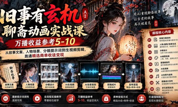（20789期）旧事有玄机AI聊斋动画实战9月新课：万播收益参考5-10，从故事文案、人物场景到分镜生视频，跑通精选商单收徒