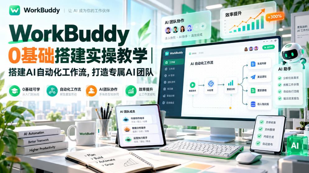 WorkBuddy 0基础搭建实操教学|搭建AI自动化工作流,打造专属AI团队-副业部