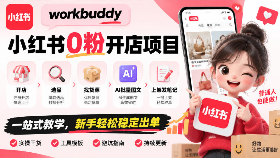 workbuddy小红书0粉开店项目，开店、选品、找货源、AI批量图文、上架发笔记一站式教学，新手轻松稳定出单插图