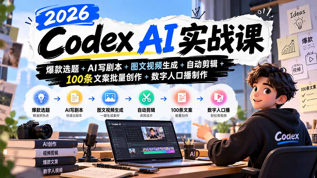 (20899期)2026Codex AI实战课:爆款选题+AI写剧本+图文视频生成+自动剪辑+100条文案批量创作+数字人口播制作插图 (20899期)2026Codex AI实战课:爆款选题+AI写剧本+图文视频生成+自动剪辑+100条文案批量创作+数字人口播制作插图