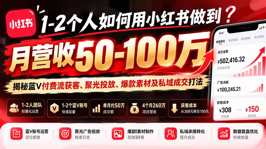 （20939期）1-2个人如何用小红书做到月营收50-100万？揭秘蓝V付费流获客、聚光投放、爆款素材及私域成交打法-副业部