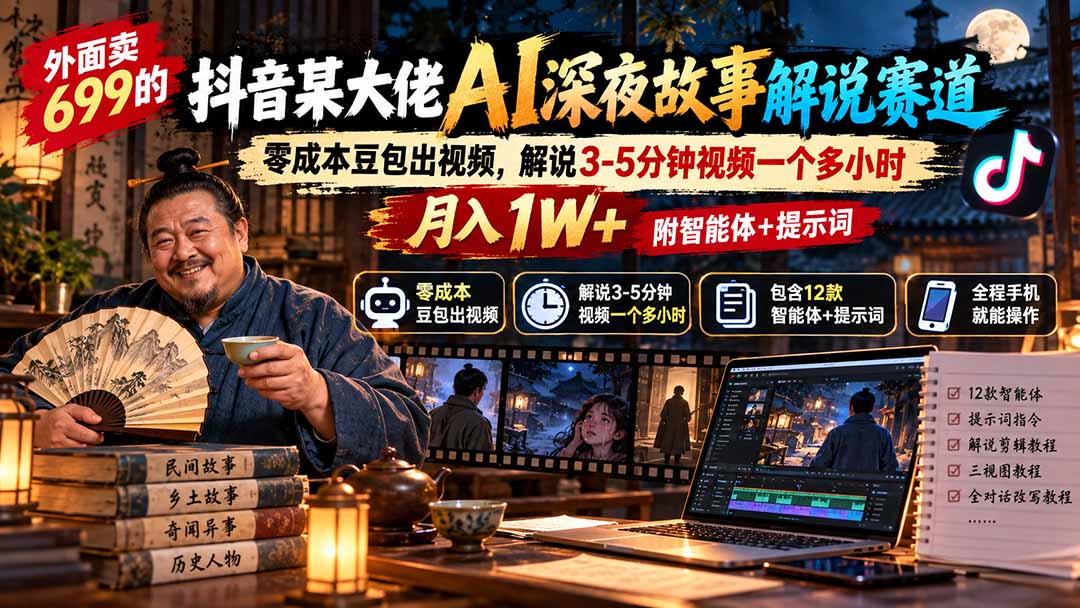 （20853期）外面卖699抖音某大佬AI深夜故事解说赛道-更新：0成本豆包出视频+解说3-5分钟视频一个多小时，月入1W+附智能体+提示词插图1