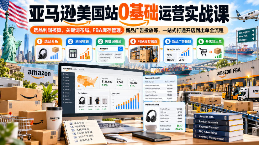 亚马逊美国站0基础运营实战课|选品利润核算、关键词布局、FBA库存管理、新品广告投放等,一站式打通开店到出单全流程-副业部