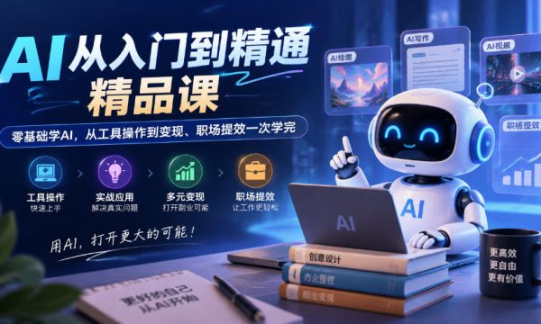 AI从入门到精通精品课，零基础学AI，从工具操作到变现、职场提效一次学完