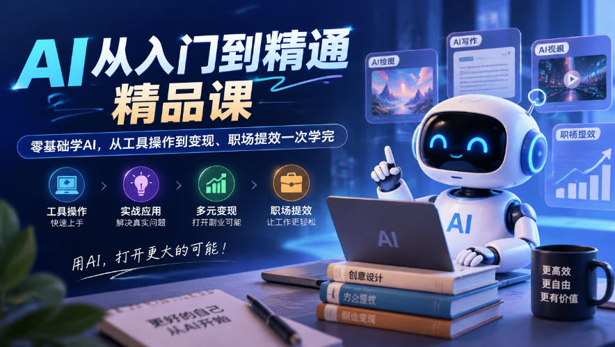 AI从入门到精通精品课，零基础学AI，从工具操作到变现、职场提效一次学完-副业部