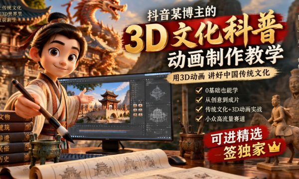 抖音某博主的3D文化科普动画制作教学，用3D动画呈现中国传统文化，可进精选签独家，单日收益1k+