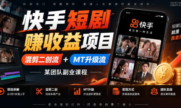 快手短剧賺收益项目，混剪二创流+MT升级流，某团队副业课程