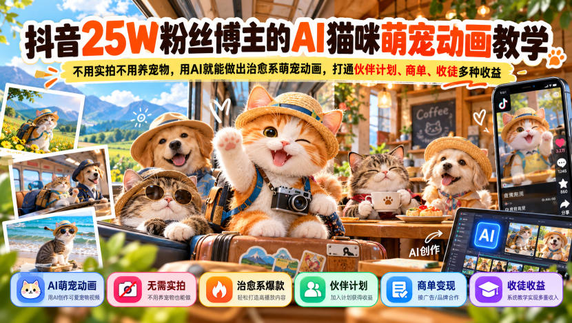 抖音25W粉丝博主的AI猫咪萌宠动画教学，不用实拍不用养宠物，用AI就能做出治愈系萌宠动画，打通伙伴计划、商单、收徒多种收益-副业部