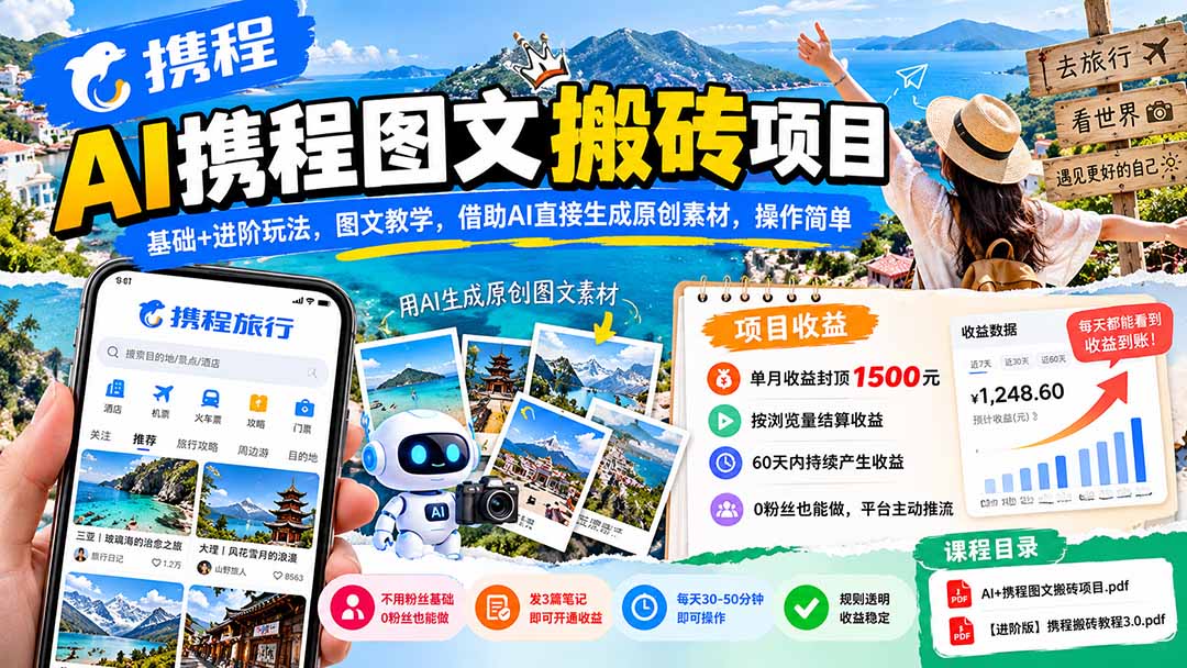 (21180期)AI携程图文搬砖项目,基础+进阶玩法,图文教学,借助AI直接生成原创素材,操作简单-副业部