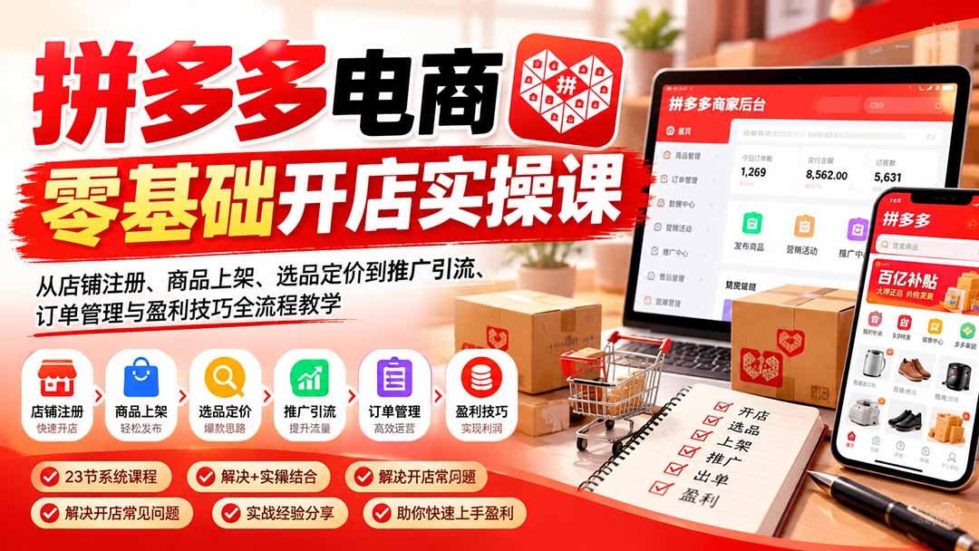 （21261期）拼多多电商零基础开店实操课：从店铺注册、商品上架、选品定价到推广引流、订单管理与盈利技巧全流程教学-副业部