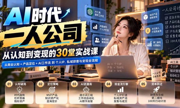 （20847期）【无水印】AI时代一人公司30堂实战课：从商业认知+产品定位+AI工作流到个人IP、私域获客与变现全流程