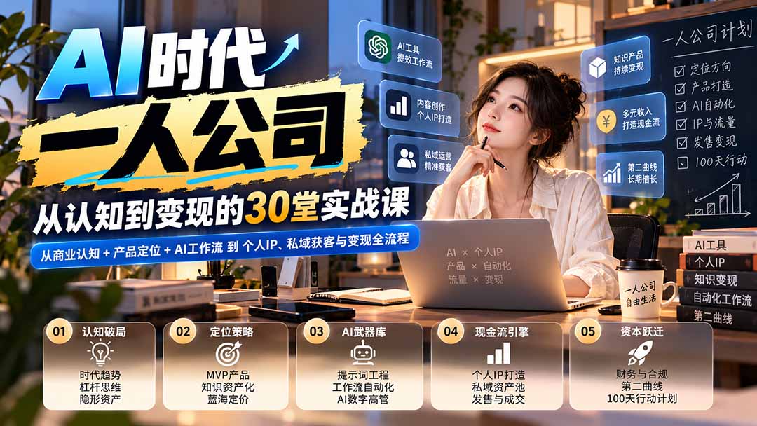 (20847期)【无水印】AI时代一人公司30堂实战课:从商业认知+产品定位+AI工作流到个人IP、私域获客与变现全流程-副业部