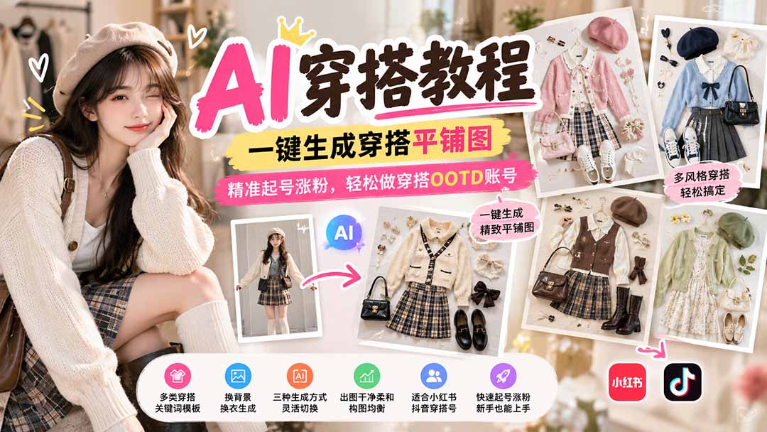 （21134期）【无水印】AI穿搭教程｜一键生成穿搭平铺图，精准起号涨粉，轻松做穿搭OOTD账号-副业部