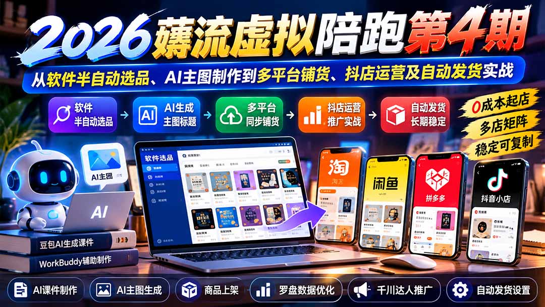 （20986期）2026薅流虚拟陪跑第4期：从软件半自动选品、AI主图制作到多平台铺货、抖店运营及自动发货实战-副业部