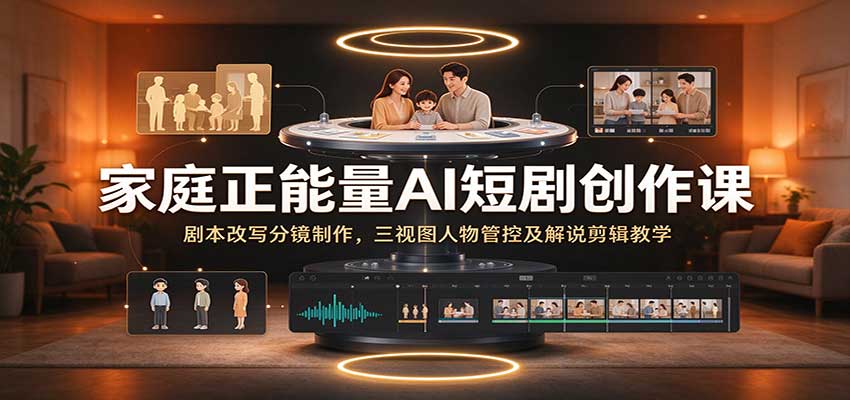 家庭正能量AI短剧创作课：剧本改写分镜制作，三视图人物管控及解说剪辑教学-副业部