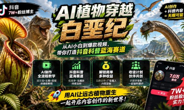 抖音7W粉丝博主的AI植物穿越白垩纪教学，抖音科普蓝海赛道，解锁商单收徒伙伴计划等多种收益