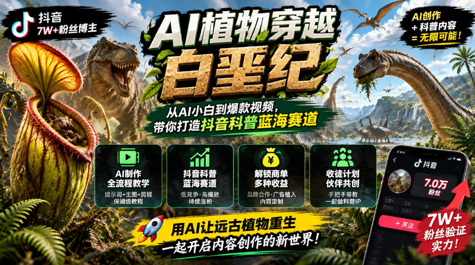 抖音7W粉丝博主的AI植物穿越白垩纪教学，抖音科普蓝海赛道，解锁商单收徒伙伴计划等多种收益-副业部