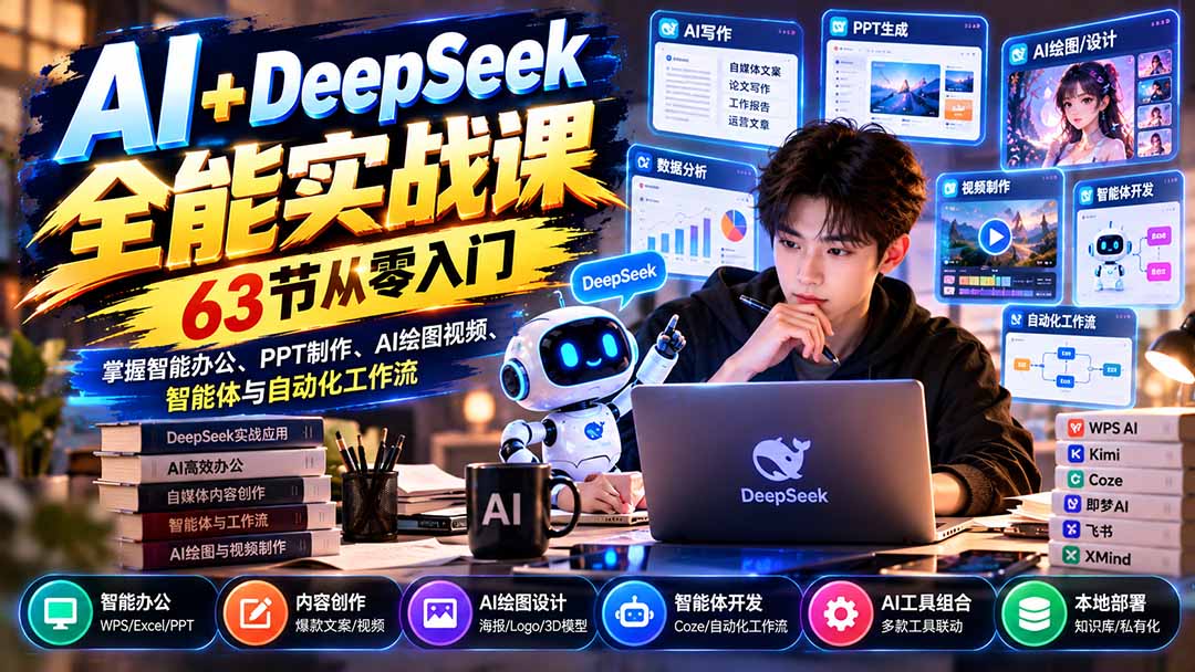 (21141期)AI+DeepSeek全能实战课:63节从零入门,掌握智能办公、PPT制作、AI绘图视频、智能体与自动化工作流-副业部