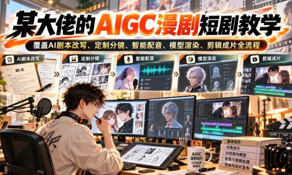 某大佬的AIGC漫剧短剧教学，覆盖AI剧本改写、定制分镜、智能配音、模型渲染、剪辑成片全流程