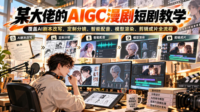 某大佬的AIGC漫剧短剧教学，覆盖AI剧本改写、定制分镜、智能配音、模型渲染、剪辑成片全流程插图