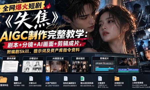 （20805期）全网爆火短剧《失焦》AIGC制作完整教学：剧本+分镜+AI画面+剪辑成片，附编剧Skill、提示词及资产库指令资料