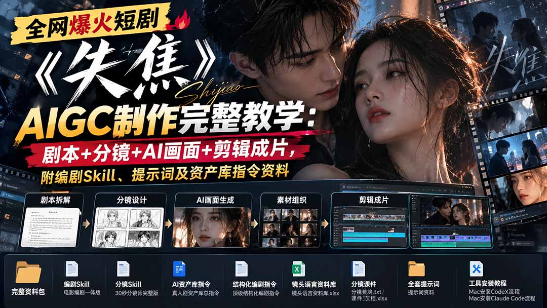 （20805期）全网爆火短剧《失焦》AIGC制作完整教学：剧本+分镜+AI画面+剪辑成片，附编剧Skill、提示词及资产库指令资料插图