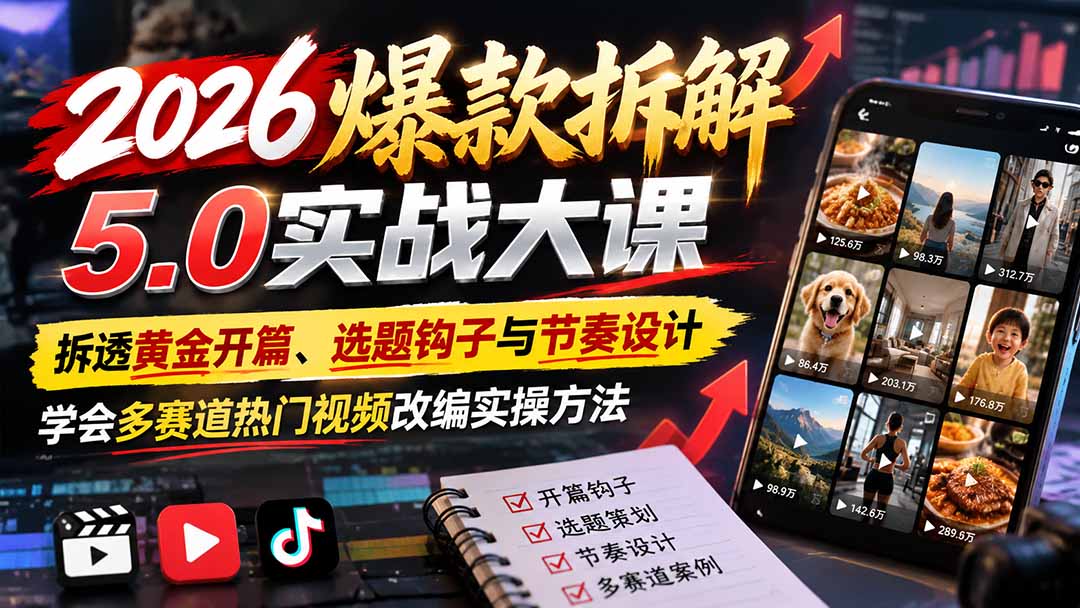 (21110期)2026爆款拆解5.0实战大课:拆透黄金开篇、选题钩子与节奏设计,学会多赛道热门视频改编实操方法-副业部