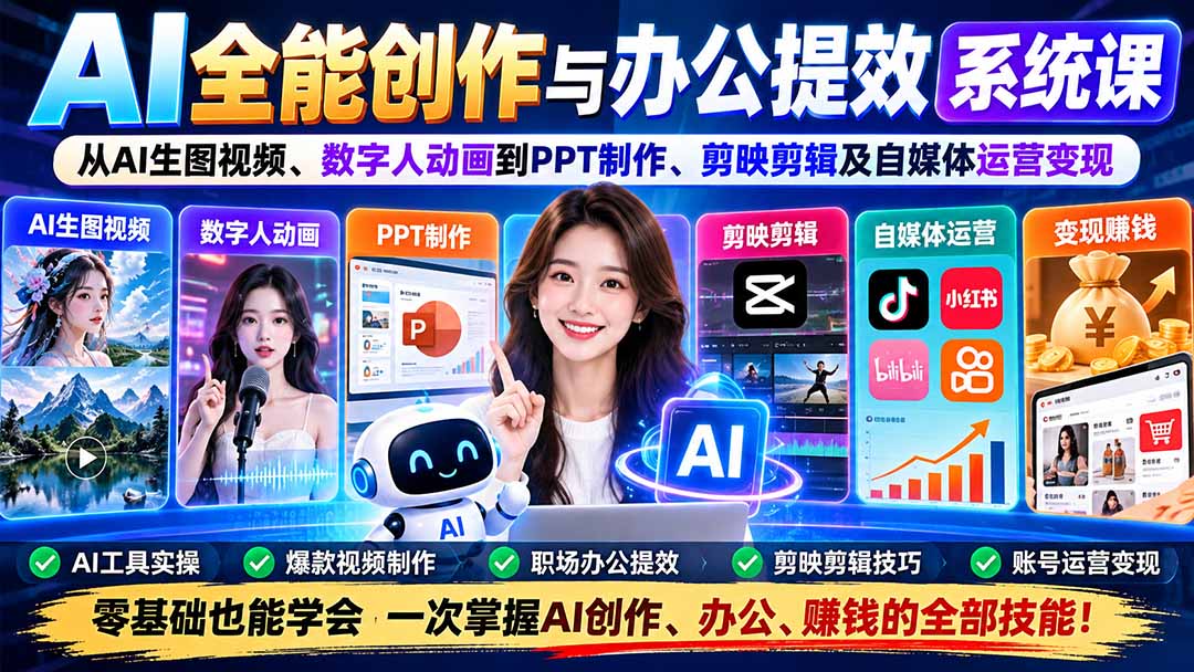（20885期）AI全能创作与办公提效系统课：从AI生图视频、数字人动画到PPT制作、剪映剪辑及自媒体运营变现-副业部