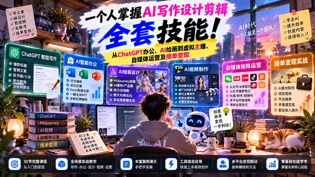 （21029期）一个人掌握AI写作设计剪辑全套技能：从ChatGPT办公、AI绘画到虚拟主播、自媒体运营及接单变现-副业部