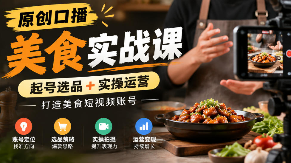 原创口播美食实战课，起号选品+实操运营，打造美食短视频账号插图