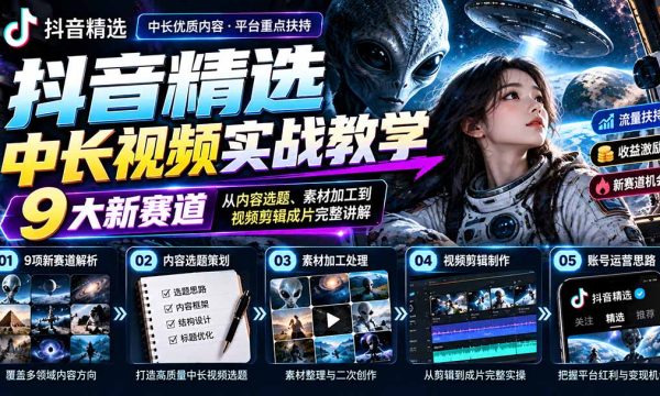 （20775期）抖音精选中长视频实战教学：拆解9项细分赛道，从内容选题、素材加工到视频剪辑成片完整讲解