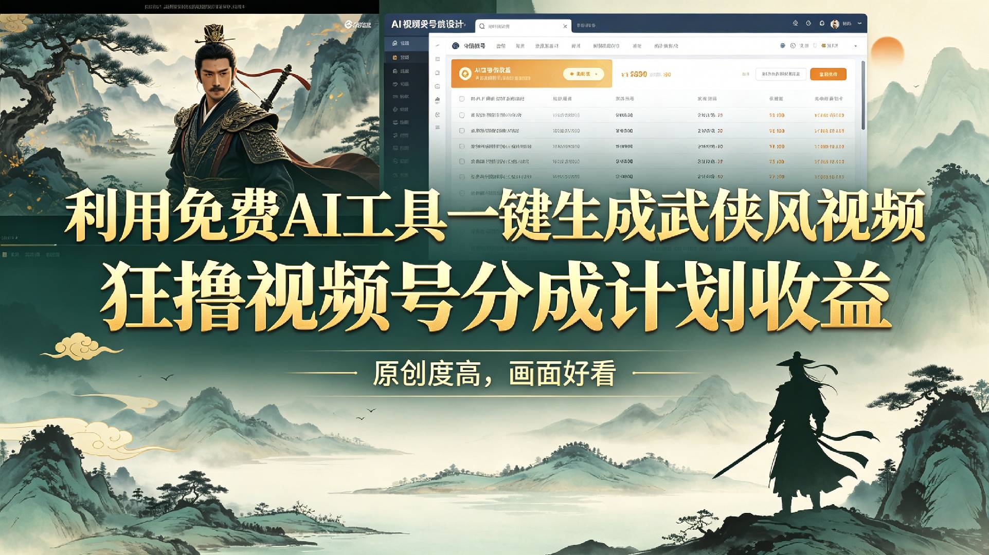 利用免费AI工具一键生成武侠风视频,狂撸视频号分成计划收益,原创度高,画面好看-副业部