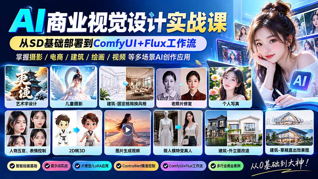 （20824期）【无水印】AI商业视觉设计实战课：从SD基础部署到ComfyUI+Flux工作流，掌握摄影电商建筑AI创作-副业部
