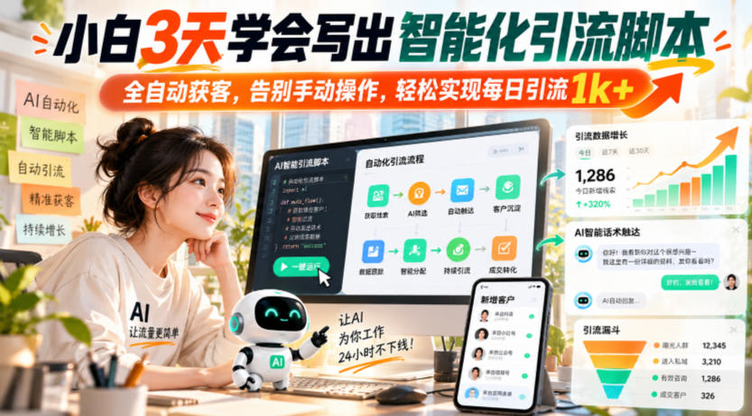 小白3天学会写出智能化引流脚本，全自动获客，告别手动操作，轻松实现每日引流1k+-副业部