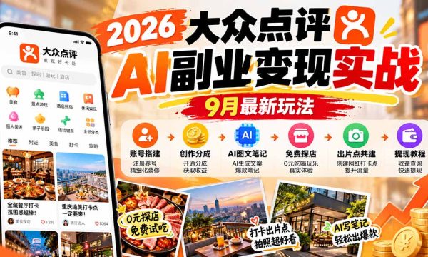 （20873期）2026大众点评AI副业变现实战9月最新玩法：账号搭建+创作分成+AI图文笔记+免费探店+出片点共建与提现教程