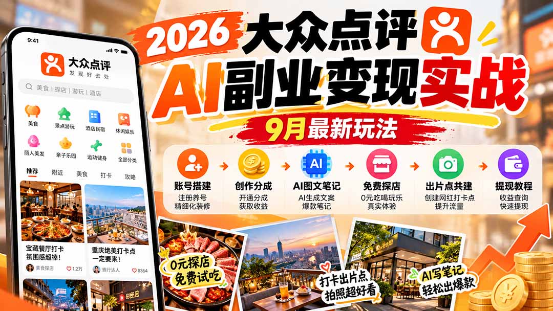 （20873期）2026大众点评AI副业变现实战9月最新玩法：账号搭建+创作分成+AI图文笔记+免费探店+出片点共建与提现教程-副业部