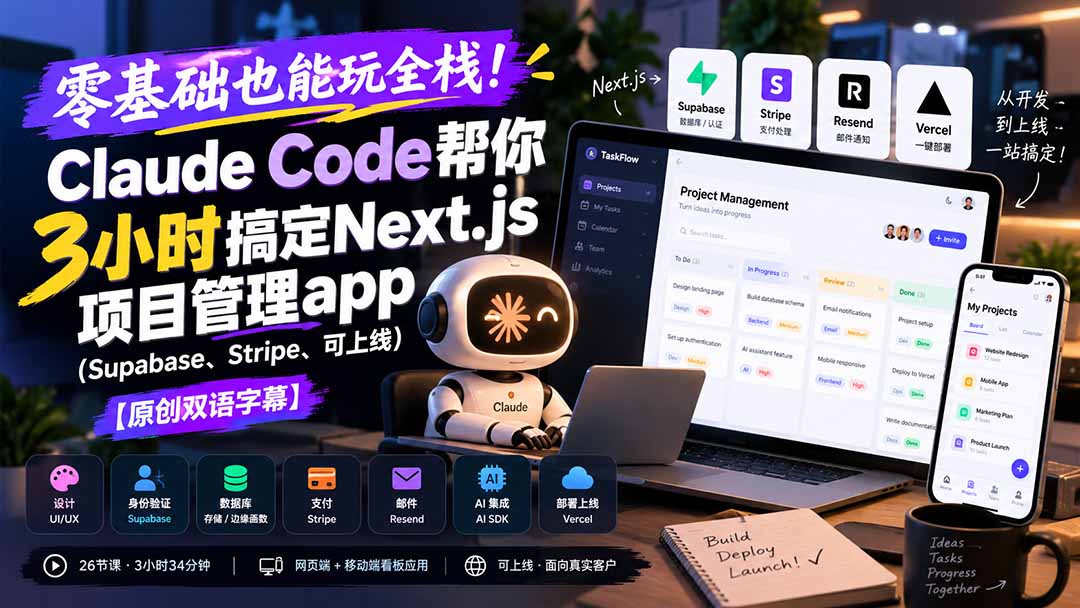 （20907期）零基础也能玩全栈！Claude Code帮你3小时搞定Next.js项目管理app（Supabase、Stripe、可上线）【原创双语字幕】-副业部
