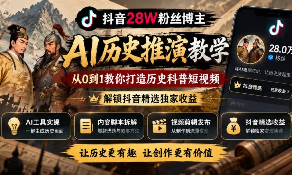 抖音28W粉丝博主的AI历史推演教学，从0到1教你打造历史科普短视频，解锁抖音精选独家收益