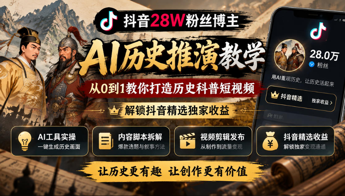 抖音28W粉丝博主的AI历史推演教学，从0到1教你打造历史科普短视频，解锁抖音精选独家收益插图