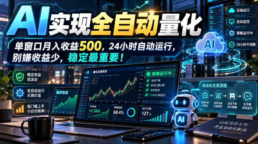 AI实现全自动量化，单窗口月入收益500，24小时自动运行，别嫌收益少，稳定最重要！【揭秘】-副业部