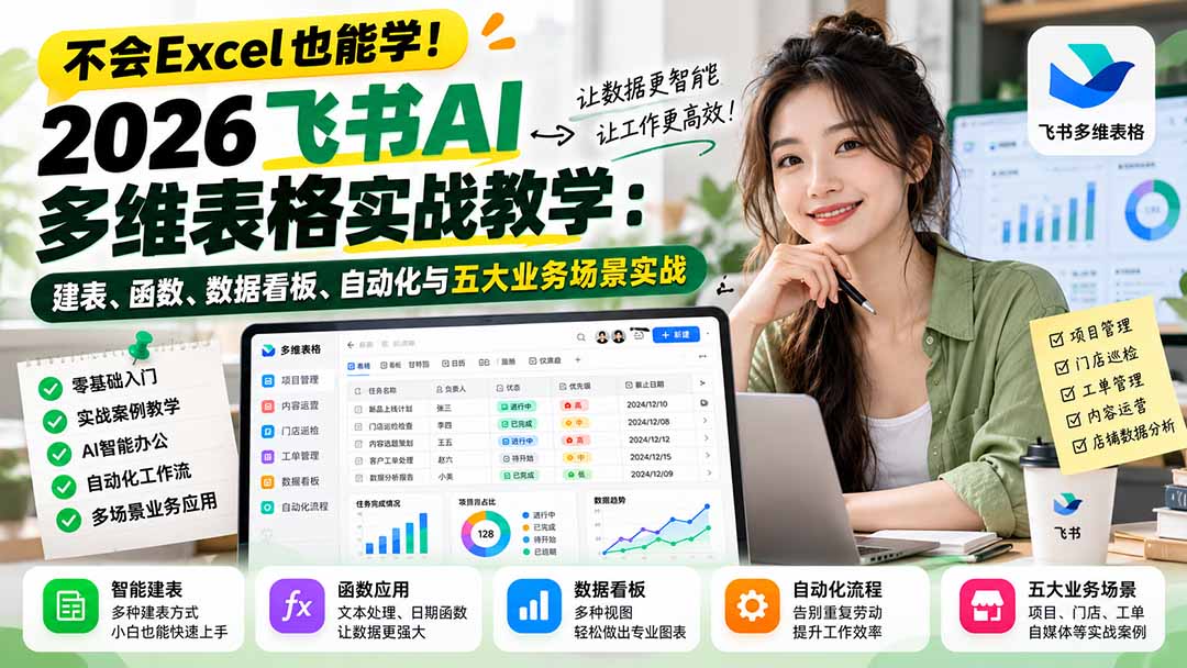 （21153期）不会Excel也能学！2026飞书AI多维表格实战教学：建表、函数、数据看板、自动化与五大业务场景实战-副业部